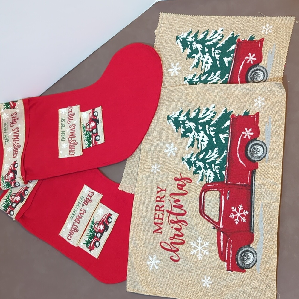 Stocking set of 2 Farm Fresh Christmas Trees and 2 Burlap Merry Christmas Pieces